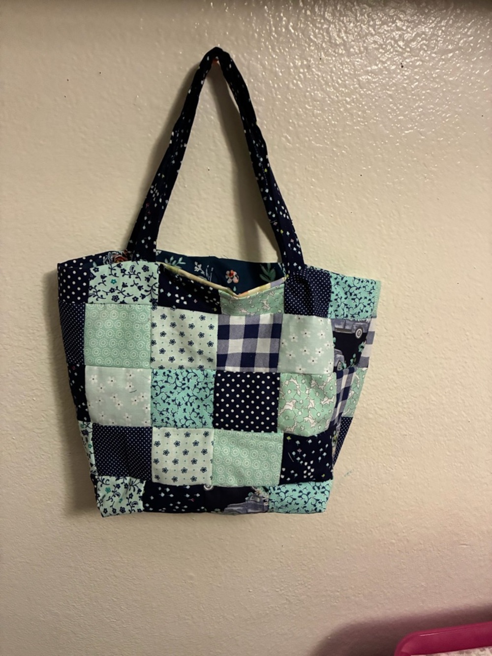 Patchwork Quilted Tote Bag in Navy and Mint